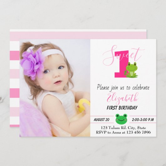 ピンクカエルの女の子の誕生日パーティー 招待状 (正面/裏面)