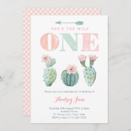 ピンクカクティガール1st誕生日招待状、砂漠 招待状
