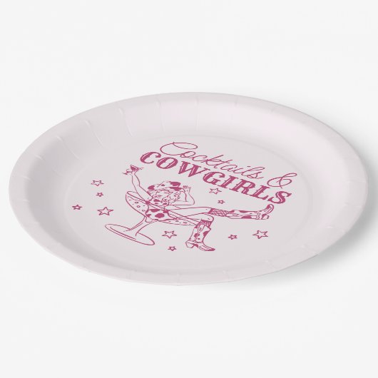 ピンクカクテルとカウガール 誕生日 バチェロレッテ ペーパープレート (アングル)