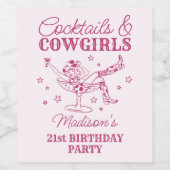 ピンクカクテルと女性のカーボーイロデオ誕生日 ワインラベル (シングルラベル)