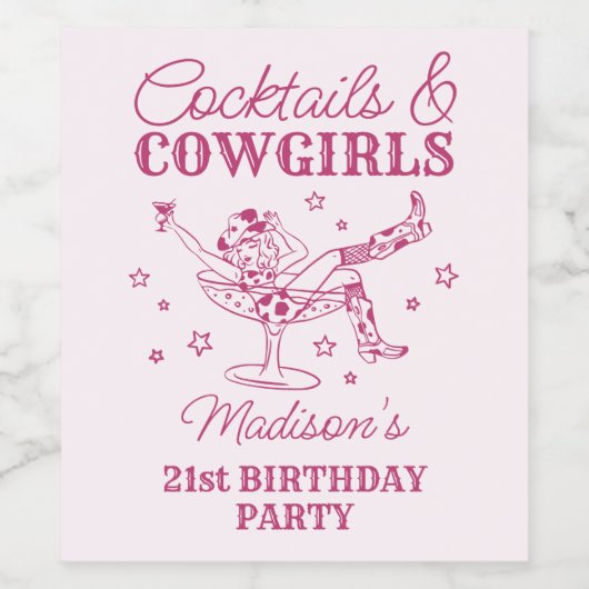 ピンクカクテルと女性のカーボーイロデオ誕生日 ワインラベル (シングルラベル)
