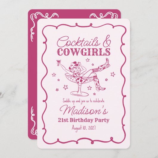 ピンクカクテルと女性のカーボーイNash Bash誕生日 招待状 (正面/裏面)