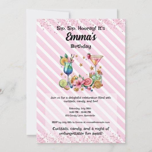 ピンクカクテルキャンディグリッター誕生日招待状 招待状 (正面)