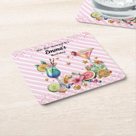 ピンクカクテルキャンディグリッター誕生日 スクエアペーパーコースター (アングル)