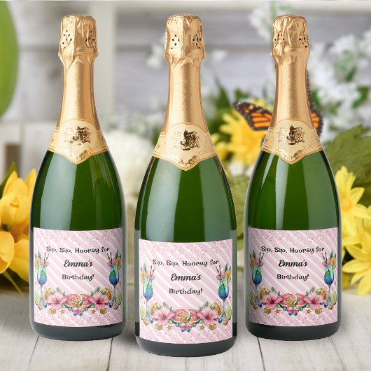 ピンクカクテルキャンディグリッター誕生日 スパークリングワインラベル