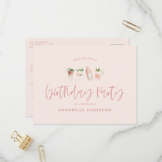 ピンクカクテルスタイリッシュ誕生日パーティー インビテーションポストカード (正面/裏面インサイチュ)