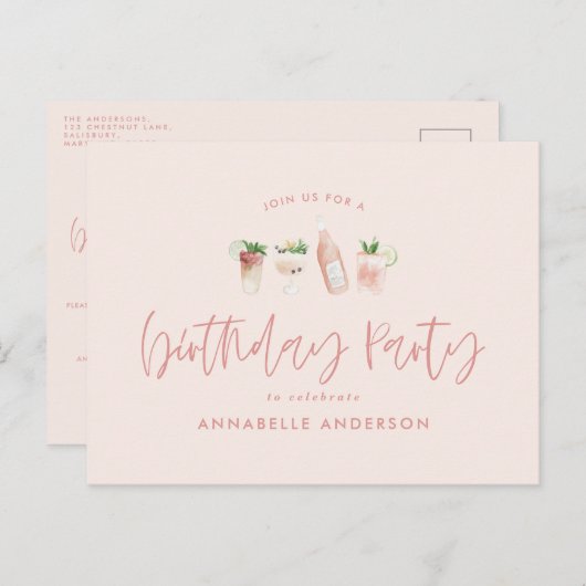 ピンクカクテルスタイリッシュ誕生日パーティー インビテーションポストカード (正面/裏面)