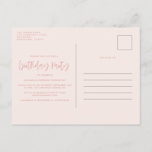 ピンクカクテルスタイリッシュ誕生日パーティー インビテーションポストカード (裏面)