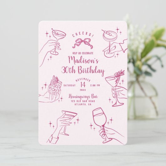 ピンクカクテルパーティーバースデーパーティー招待状 (スタンド正面)