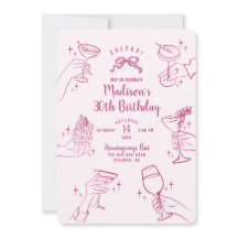 ピンクカクテルパーティーバースデーパーティー招待状