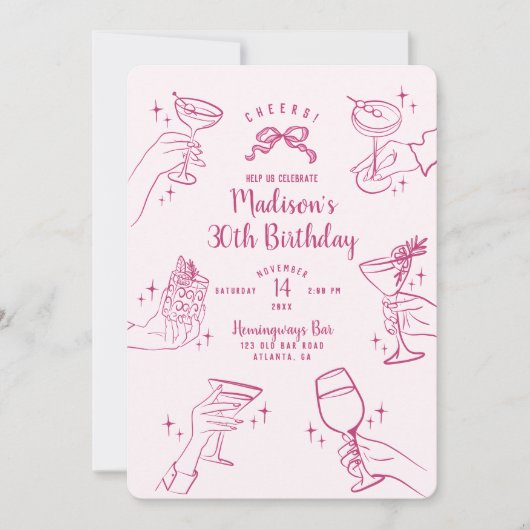 ピンクカクテルパーティーバースデーパーティー招待状 (正面)