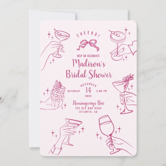 ピンクカクテルパーティーブライダルシャワー招待状 (正面)