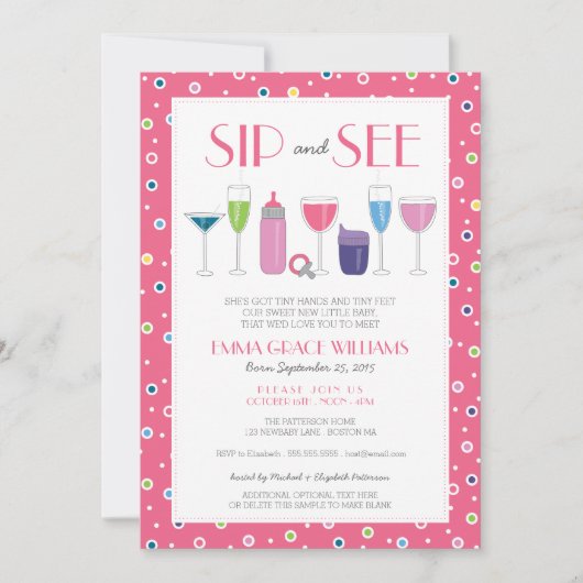 ピンクカクテル新生児ガールシップアンドシー招待状 招待状 (正面)
