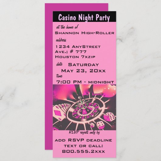 ピンクカジノナイトテーマパーティ招待状 招待状 (正面/裏面)