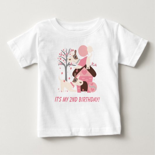 ピンクカスタマイズパピードッグ誕生日Tシャツ ベビーTシャツ (正面)