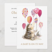 ピンクカスタムのバルーンベビーシャワー付きハリネズミ 招待状 (正面/裏面)