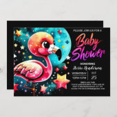 ピンクカスタムのフラミンゴエレガントベビーシャワー 招待状 (正面/裏面)