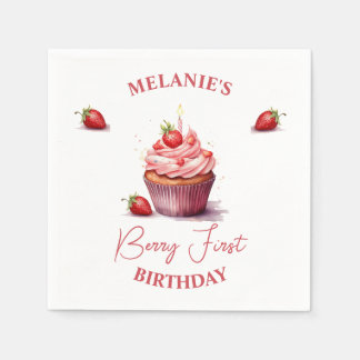 ピンクカスタムのベリーファースト誕生日カップケーキ スタンダードカクテルナプキン