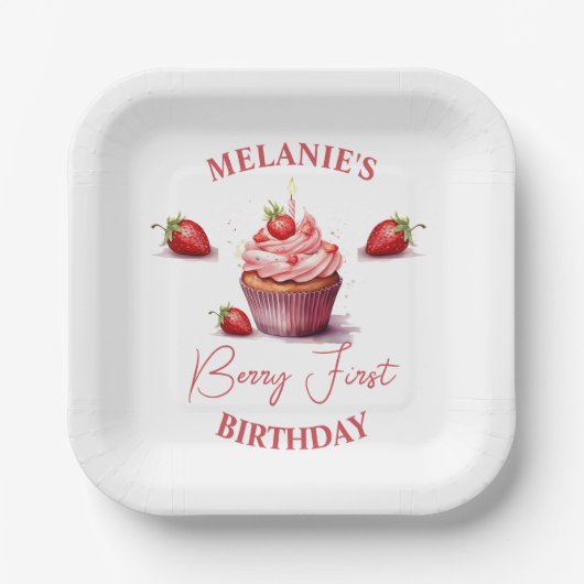 ピンクカスタムのベリーファースト誕生日パーティー ペーパープレート (正面)