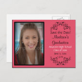ピンクカスタムの写真の卒業式の日付カードを保存 案内ポストカード (正面/裏面)