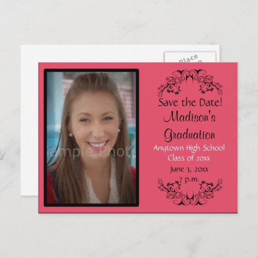 ピンクカスタムの写真の卒業式の日付カードを保存 案内ポストカード (正面/裏面)