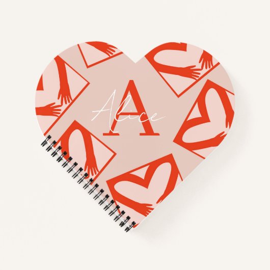 ピンクカスタムガーリーモノグラムドリップハート形の愛 ノートブック (正面)