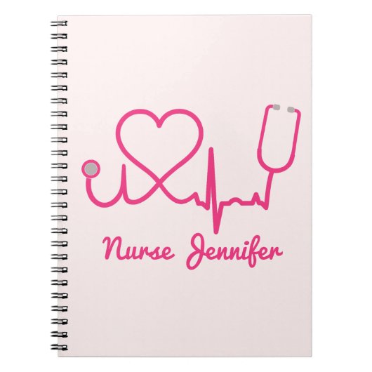 ピンクカスタムナース名Stethoscopeハート生命線 ノートブック (正面)