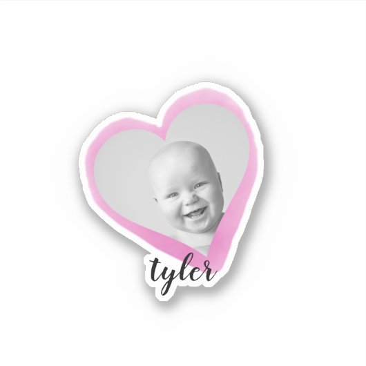 ピンクカスタムハート写真名水彩 シール (正面)