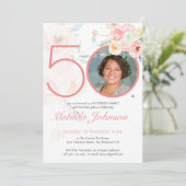 ピンクカスタムフローラフォトサプライズ50誕生日 招待状 (スタンド正面)