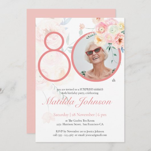 ピンクカスタムフローラフォトサプライズ80誕生日 招待状 (正面/裏面)