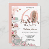 ピンクカスタムフローラフォトティーパーティー60誕生日 招待状 (正面/裏面)