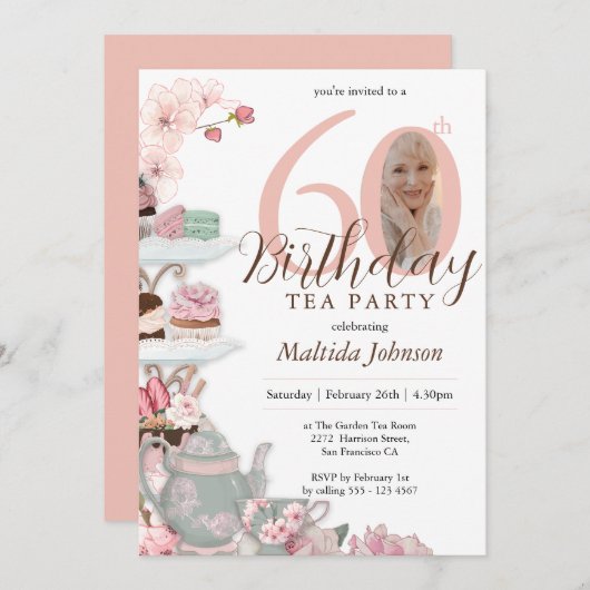 ピンクカスタムフローラフォトティーパーティー60誕生日 招待状 (正面/裏面)