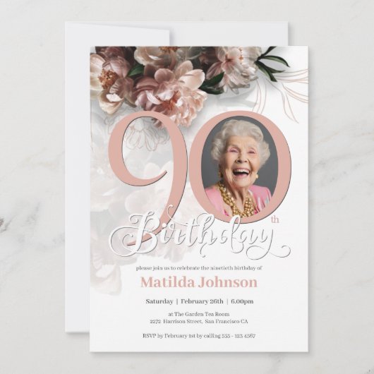 ピンクカスタムフローラ写真第90回バースデーパーティー 招待状 (正面)