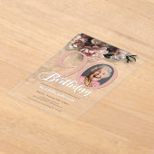 ピンクカスタムフローラ写真90誕生日 アクリル招待状 (レイダウン)