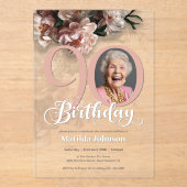 ピンクカスタムフローラ写真90誕生日 アクリル招待状 (正面)