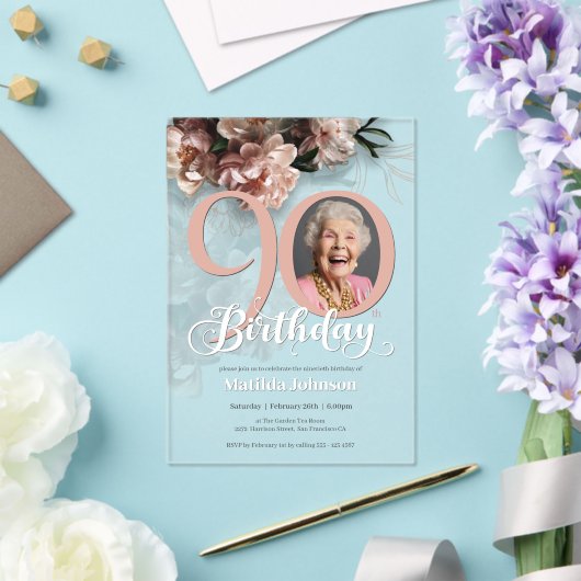 ピンクカスタムフローラ写真90誕生日 アクリル招待状 (インサイチュ (ウェディング))