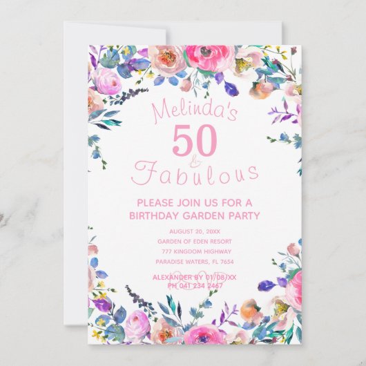 ピンクカスタムフローラ50と素晴らしい50誕生日 招待状 (正面)