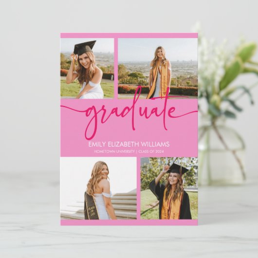 ピンクカスタム写真フォトコラージュ卒業 案内状 (スタンド正面)