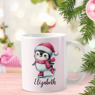 ピンクカスタム色かわいい氷スケートで滑るペンギンクリスマス コーヒーマグカップ