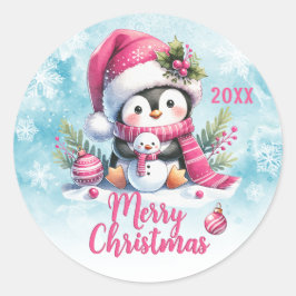 ピンクカスタム色のペンギンかわいいクリスマス ラウンドシール