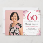 ピンクカスタム色フォトウォーターカラーフローラ60誕生日 招待状 (正面)