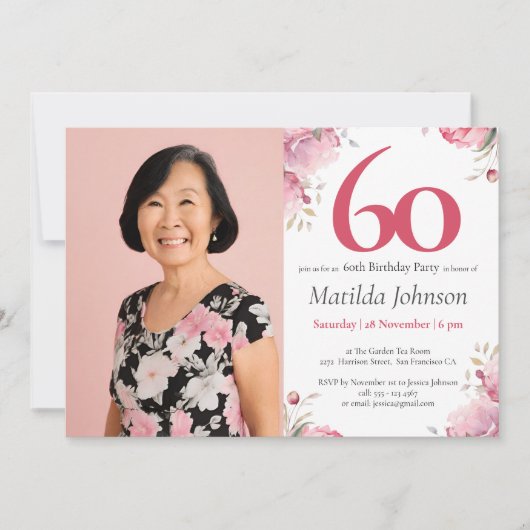 ピンクカスタム色フォトウォーターカラーフローラ60誕生日 招待状 (正面)