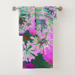 ピンクカッコいいとライムグリーンの抽象芸術レトロ自然 バスタオルセット