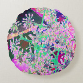 ピンクカッコいいとライムグリーンの抽象芸術レトロ自然 ラウンドクッション