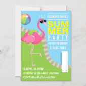 ピンクカッコいいフラミンゴサマープール誕生日パーティー マグネット招待状 (正面)