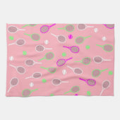 ピンクカッコいいレトロラケット模様テニス選手 キッチンタオル (横)
