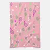 ピンクカッコいいレトロラケット模様テニス選手 キッチンタオル (縦)