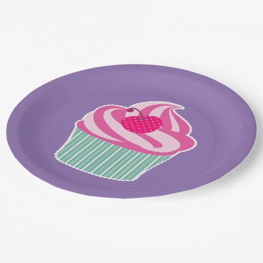 ピンクカップケーキウィス水玉模様さくらんぼ ペーパープレート (アングル)