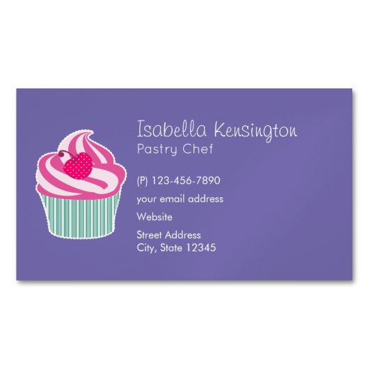 ピンクカップケーキウィス水玉模様さくらんぼ マグネット名刺 (正面)