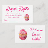 ピンクカップケーキガールズベビーシャワーおむつラッフルチケット エンクロージャーカード (正面/裏面)